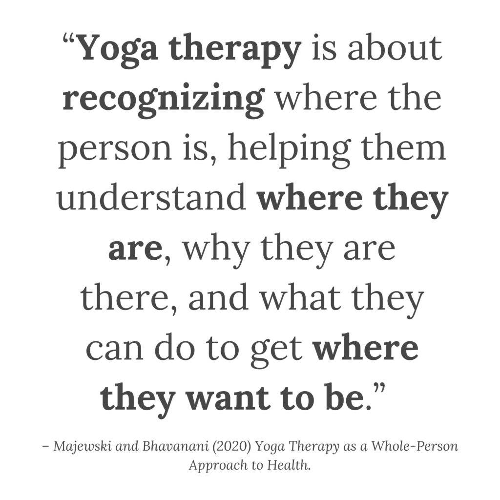 Quote about yoga therapy: 'Yoga therapy is about recognizing where the person is, helping them understand where they are, why they are there, and what they can do to get where they want to be.'.