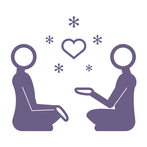 Yoga therapy with two icon people sitting on the floor facing each other with a heart between them.