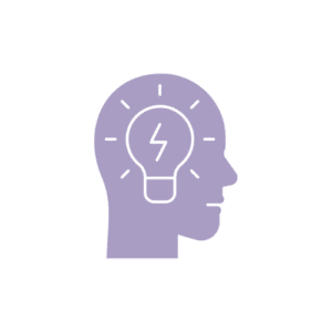 purple icon of a head with lightbulb inside