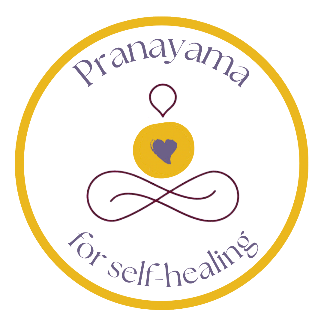 Pranayama for Self-Healing Logo 1080 x 1080 White woman facing right with shoulder-length brown hair smiling at the camera with palms together in front of her heart.
