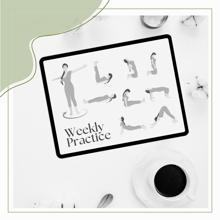 Personal practice purple Weekly wellness plan on a clipboard with tennis shoes, water bottle, and small pink hand weights