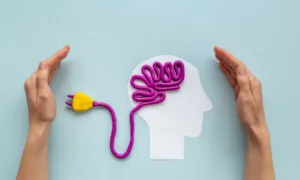 Hands are gestured protectively around a paper cutout of a human head with a purple brain made of wire and a yellow plug attached to it on a blue background, symbolizing the effort to identify and overcome 12 hidden energy drains.