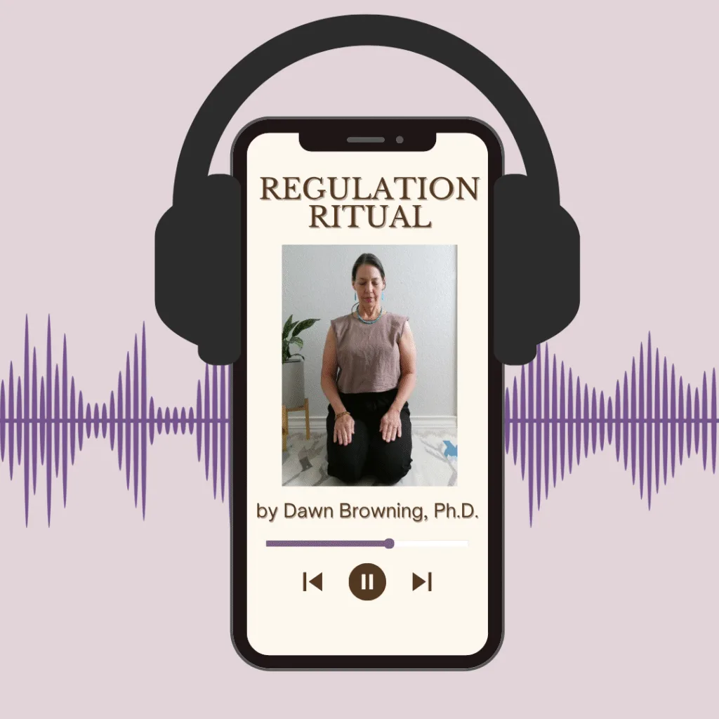 A smartphone displays a podcast titled "Regulation Ritual" by Dawn Browning, Ph.D., with a woman seated; headphones and audio waves surround the phone, evoking a sense of calm and inviting listeners to join the relaxation-ritual.