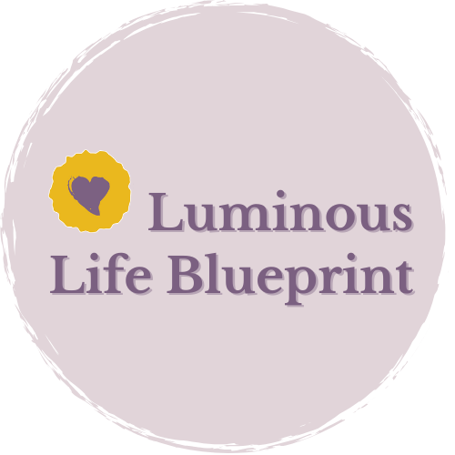 Luminous Life Blueprint logo with purple text and a yellow circle containing a purple heart, set on a light lavender circular background.