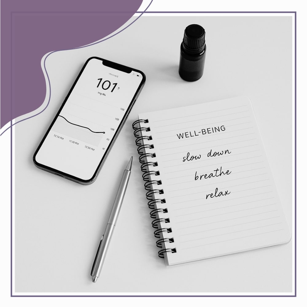A smartphone with a graph, a small bottle, a pen, and an open notebook with "WELL-BEING" and the words "slow down, breathe, relax" written on the page.