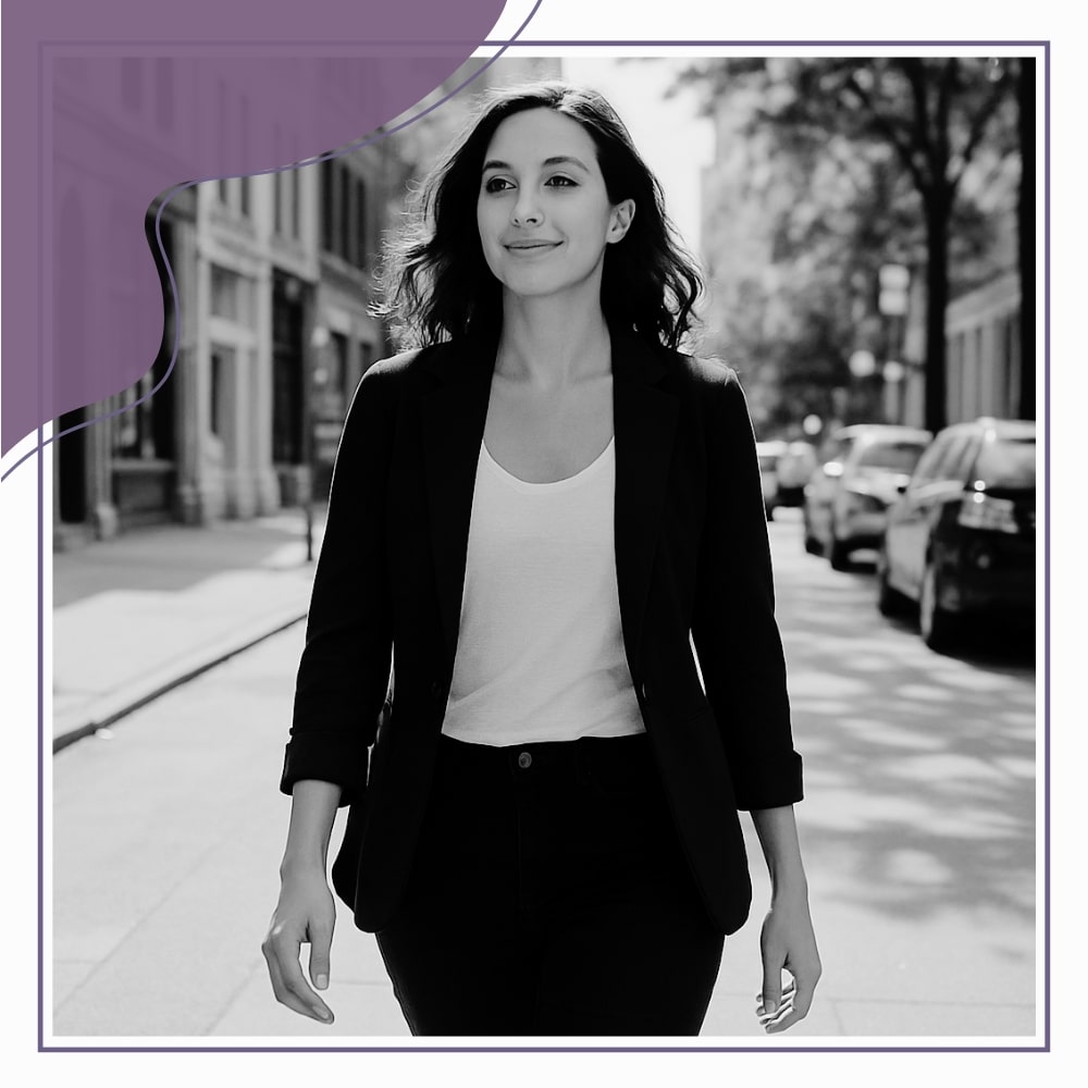 A woman with shoulder-length hair walks confidently down a city street, wearing a blazer and t-shirt. Parked cars and buildings line the background.