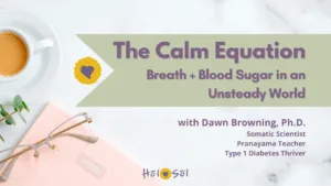 A promotional image for "The Calm Equation" event featuring diabetes management and stress reduction tips, with event details plus items like a notebook, glasses, and a plant on a marble surface.