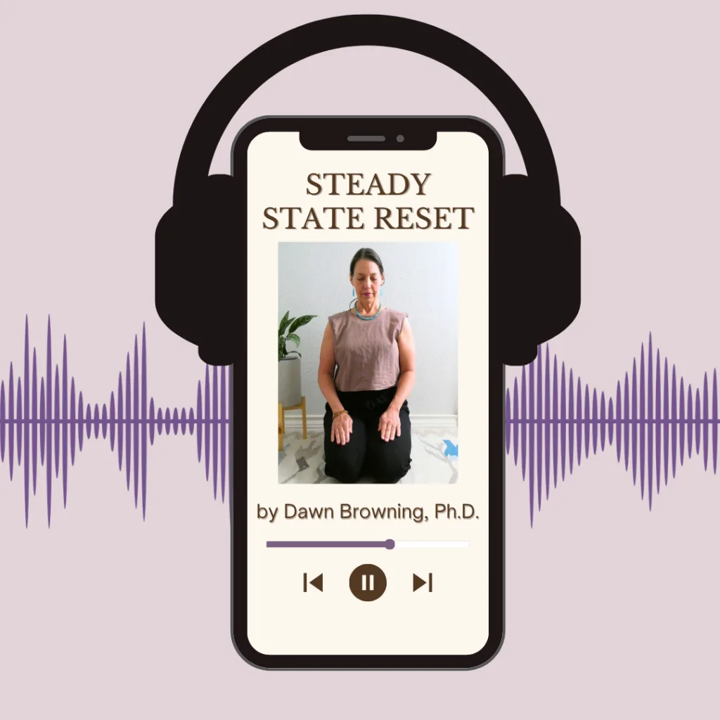 A phone with a podcast titled "STEADY STATE RESET" by Dawn Browning, Ph.D., displays a woman seated; large headphones and sound waves frame the phone, highlighting themes of nervous-system-reset.