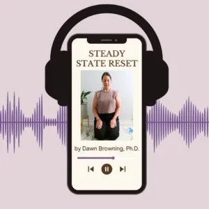 A phone with a podcast titled "STEADY STATE RESET" by Dawn Browning, Ph.D., displays a woman seated; large headphones and sound waves frame the phone, highlighting themes of nervous-system-reset.