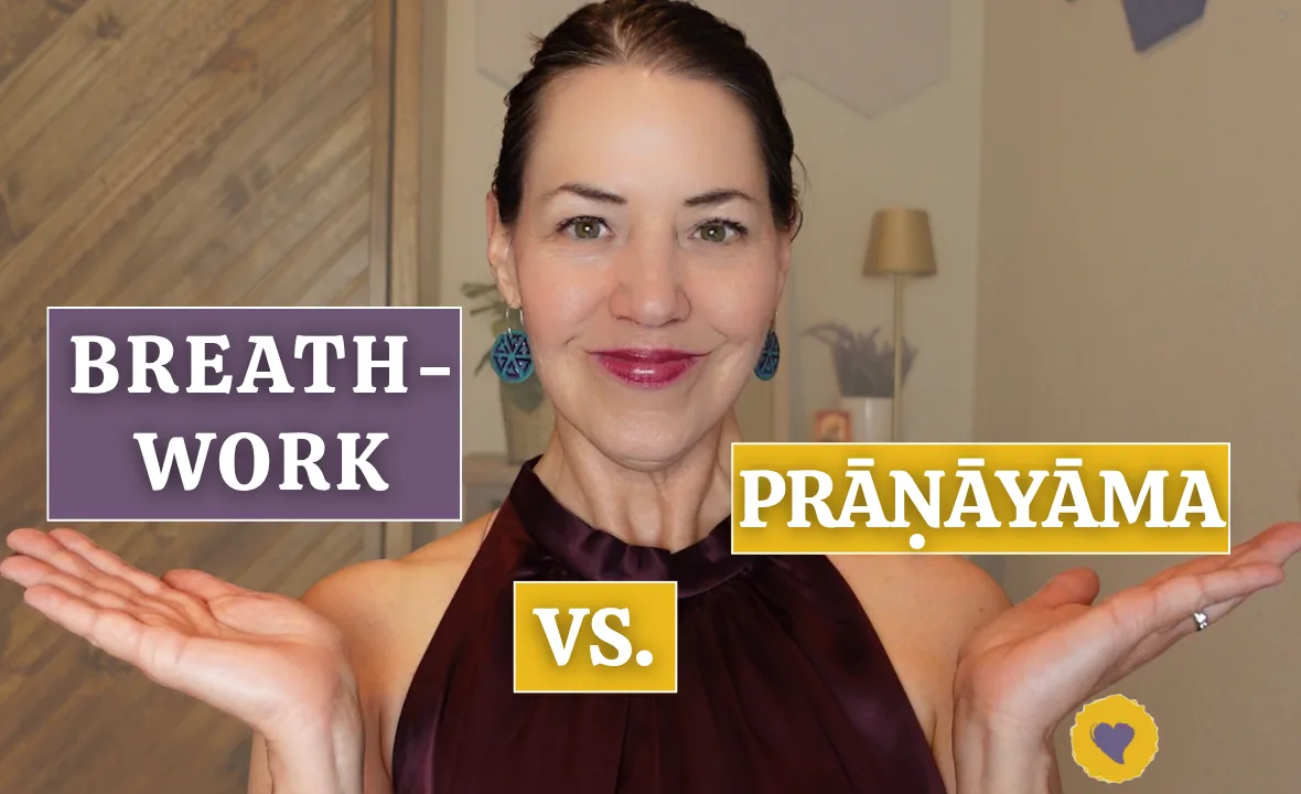 A woman stands indoors with arms raised, smiling, in front of text that highlights the Breathwork vs Pranayama Difference.