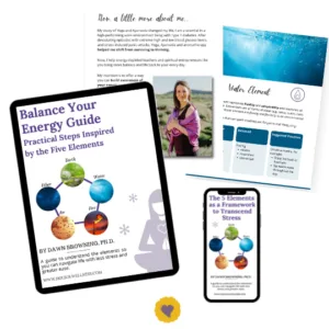 Digital devices display wellness guides and information about the five elements—including earth, fire, air, water, and ether—with photos and text explanations inspired by work with Dr. Dawn Browning.