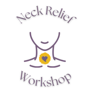 Logo for "Neck Relief Workshop," where you can work with Dr. Dawn Browning, featuring a simple line drawing of a neck and shoulders with a heart inside a yellow circle at the throat.