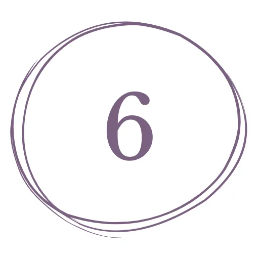 A purple number 6 is centered inside a hand-drawn purple circle on a white background.