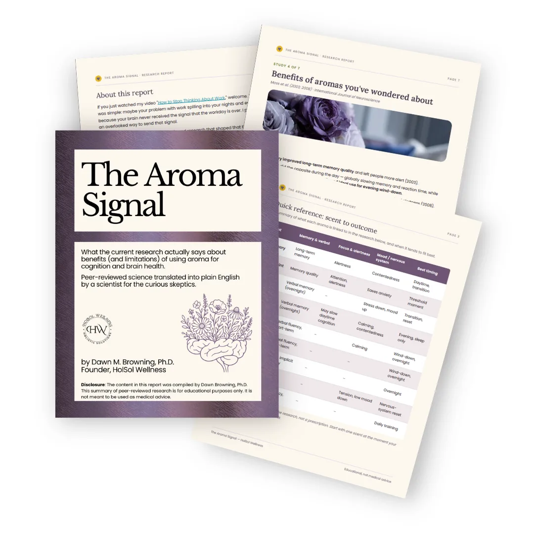 A booklet titled “The Aroma Signal” by Dawn M. Browning, Ph.D., with pages showing research, benefits, and notes about aromas and wellness, exploring the science of aroma and its impact on well-being.
